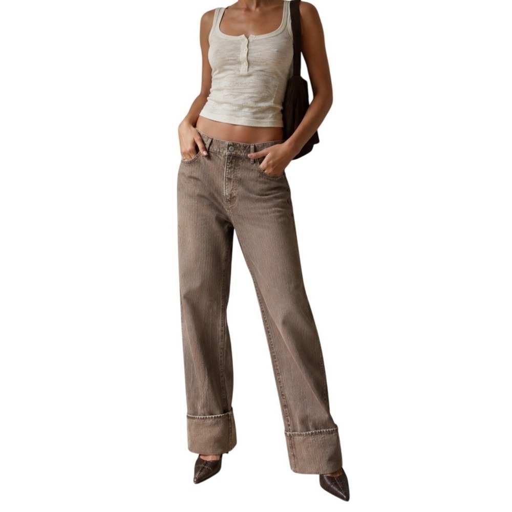 Veronica Beard Dylan Fisherman Utilitarian Wide Cuffed Cotton Twill Brown Jeans